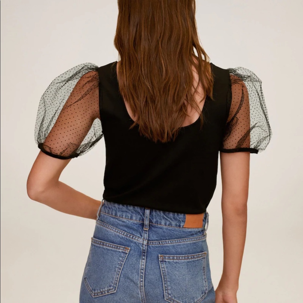 NWT Mango Square Neck Mesh Sheer Puff Sleeve Top - Picture 3 of 9